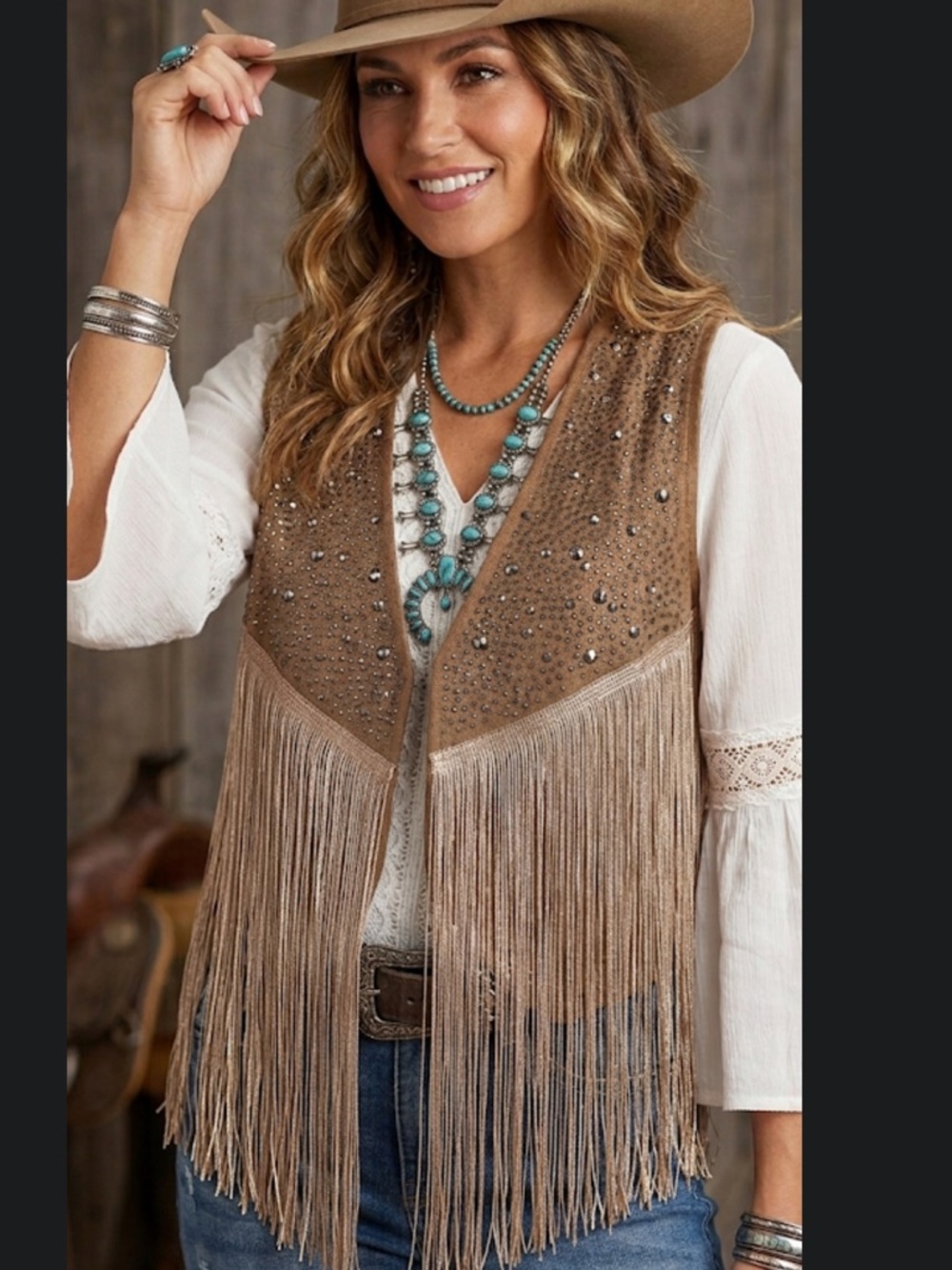 San Joy Tan Fringe Suede Vest with Stud Detail